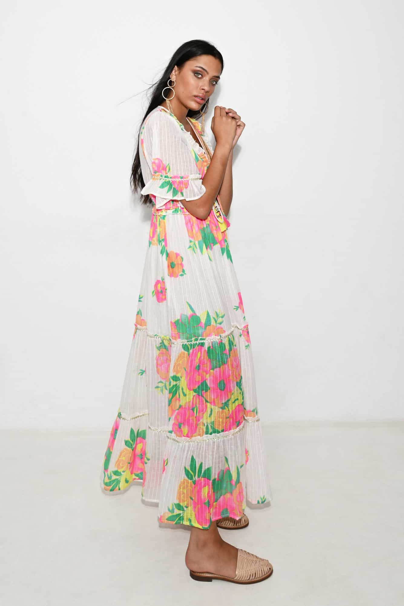 MULTIFLOWER LONG DRESS WITH SLEEVES